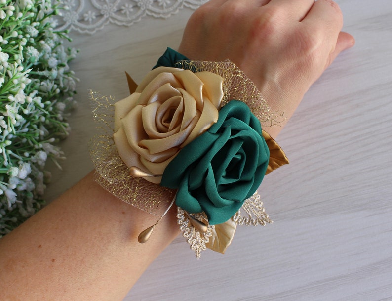 Emerald Green and Gold Wrist Corsage or boutonniere Wedding Etsy
