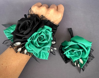Emerald Green and Black Wrist Corsage or boutonniere Wedding Bridesmaid Corsage Bracelet Groomsmen Boutonnière Grad Prom Corsage Homecoming