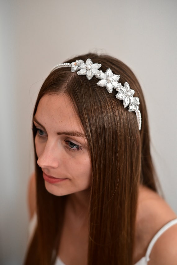 Silver Rhinestone Black Floral Headband Rhinestone Flower Headband, Silver Black Beaded Crown for  main image 3