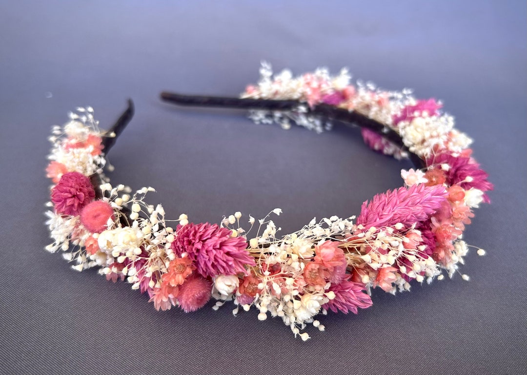Tiara de flores secas em tons de marfim e rosa, acessório de cabelo ...