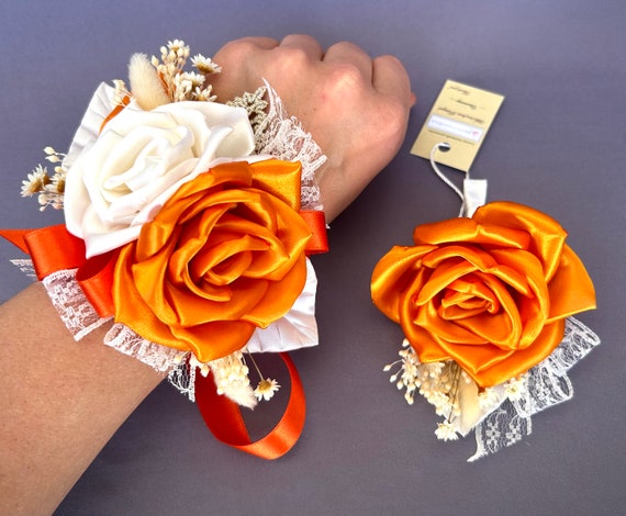 Orange Ivory flower wrist Wedding Corsage Boutonniere Set for Bridesmaid Groom Wedding, Prom, Homecoming