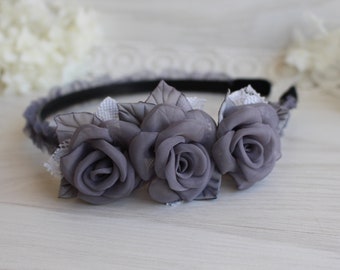 Charcoal Grey Flower Headband Flower rose Headband Women Adults Toddler Girl Headband Flower girl Bridesmaid Headband Wedding party headband