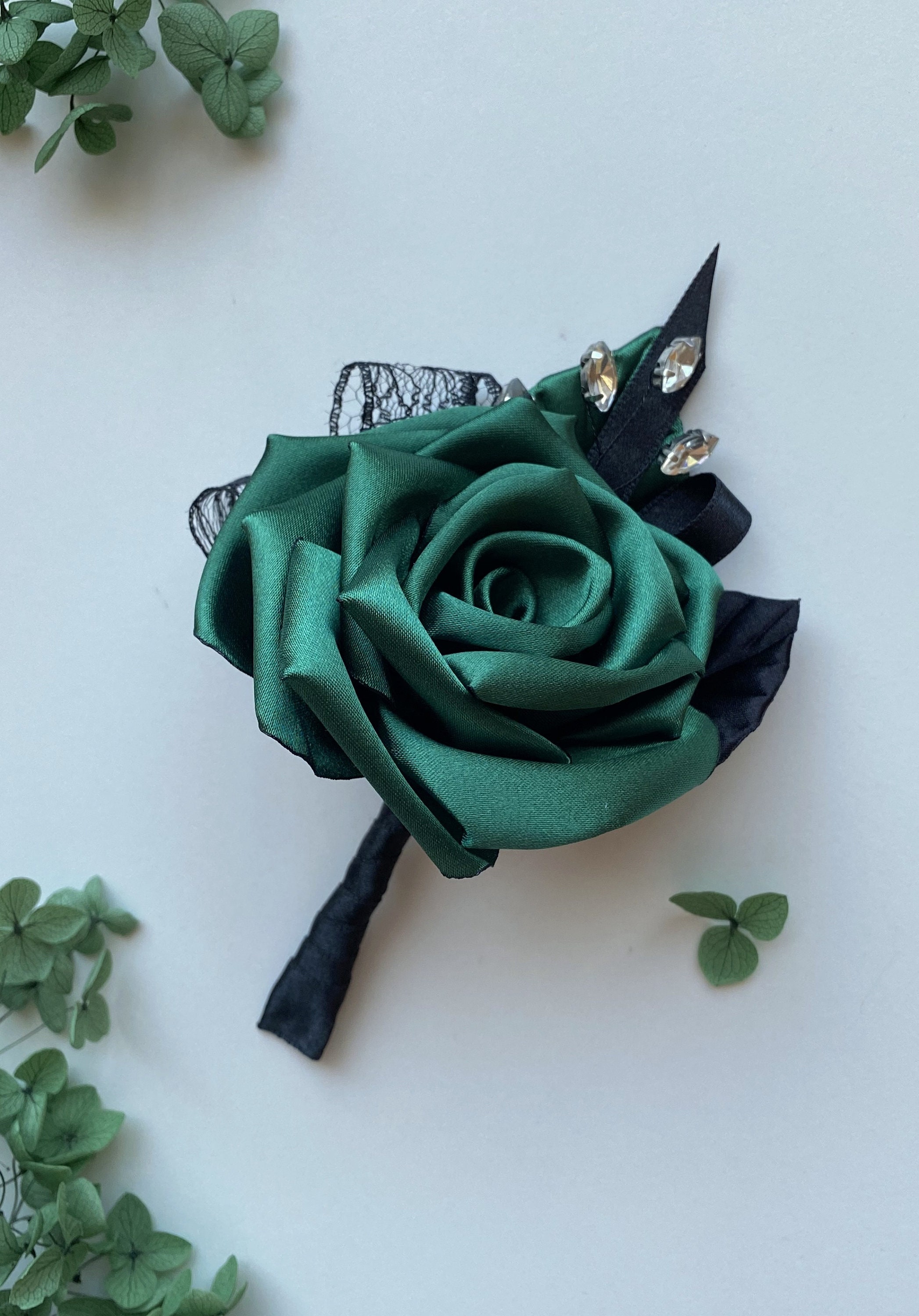 Emerald Green and Black Corsage or Boutonnière 