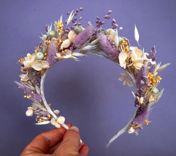 Lavender Peach Dried Flower Headband, Boho Rustic Wedding  display picture 3