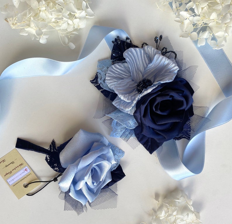 Navy Blue and Sky blue Wrist Corsage boutonniere Wedding Grad Prom Corsage Bridesmaid Corsage Groom boutonniere Homecoming Flower Bracelet 