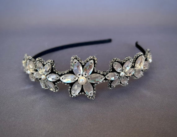 Rhinestone Flower Headband, Silver Black Beaded Crown for 