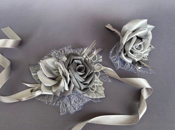 Shades of Grey Flower Wrist Corsagen Boutonniere Set for