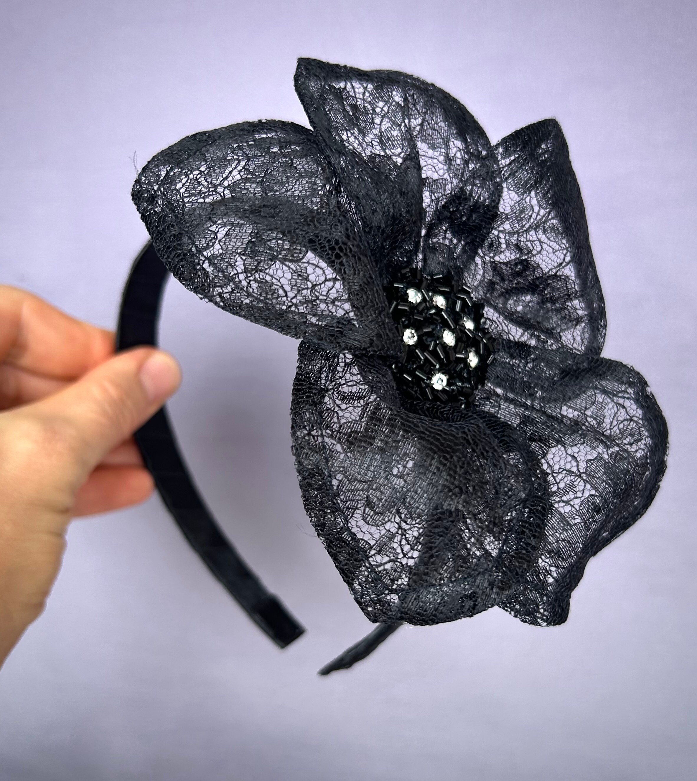 Black Lace Flower Headband, Beaded Rhinestone Hair Accessory 