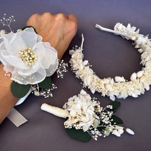 Ivory Green natural dried Preserved flowers headband Rustic Wedding Boho Headband bride Bridesmaid girl Wildflower floral halo wrist corsage
