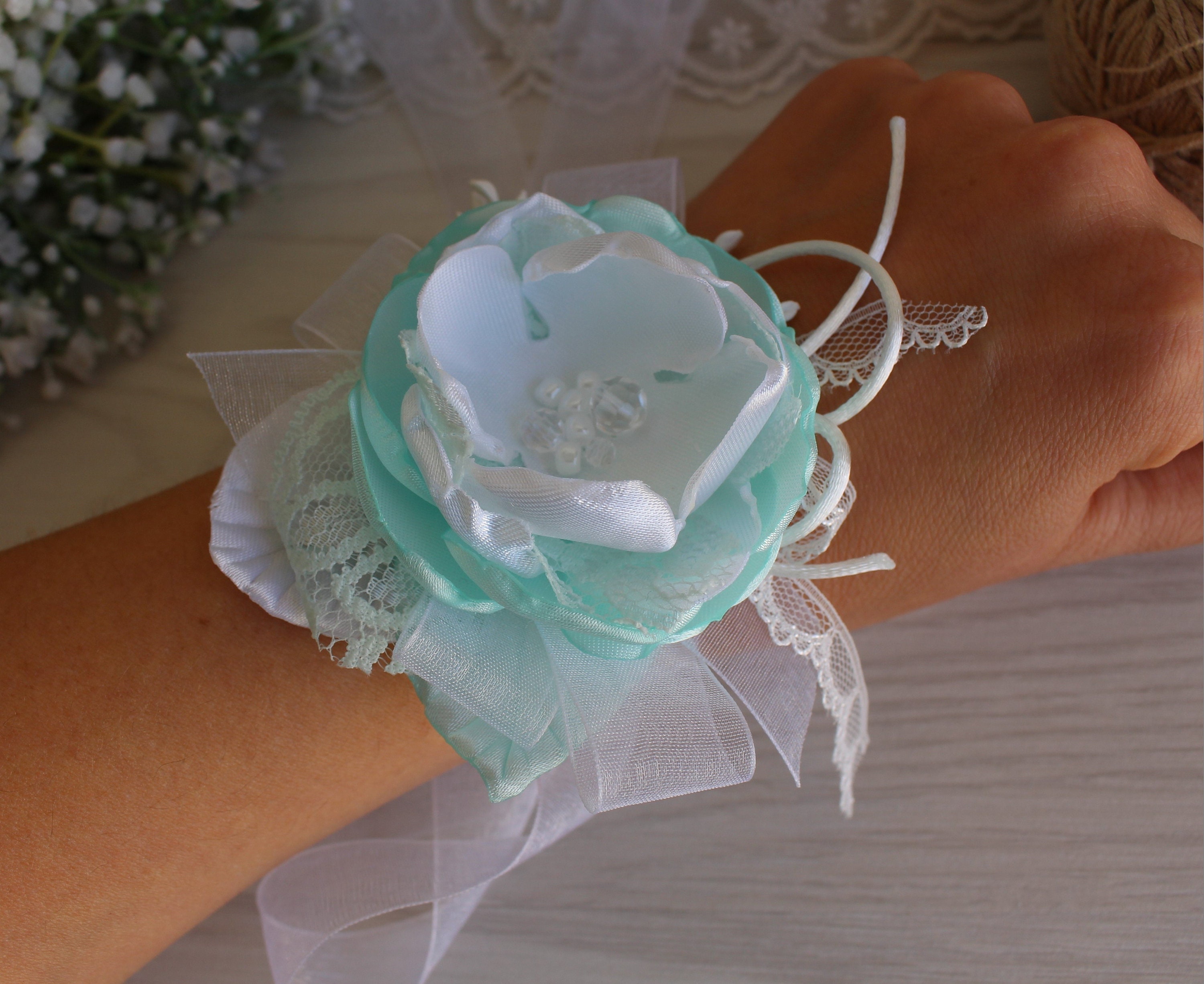 White Mint Flower Wrist Corsage Flower Girl Bridesmaid Corsage Etsy