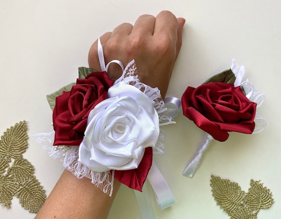 Red White Flower Wrist Corsage Boutonniere Prom Wedding Flower