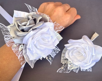 White Flower Wrist Corsage Boutonniere Set, Wedding Accessories