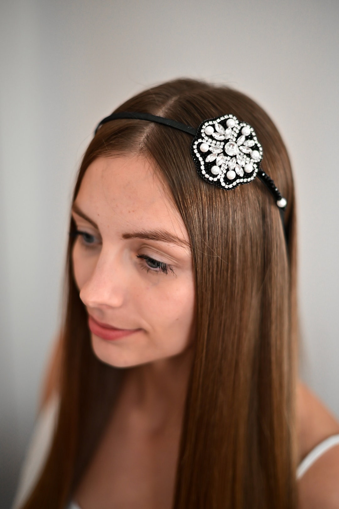 Silver Black Beaded Rhinestone Headband, Sparkling Hair  display picture 2