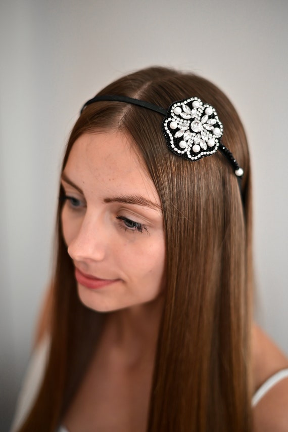 Silver Black Beaded Rhinestone Headband, Sparkling Hair  display picture 2