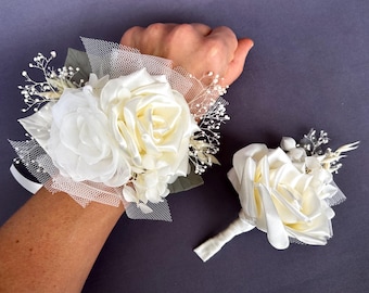 Ivory Flower Wrist Corsage Boutonniere Set for Wedding, Prom, Homecoming, Bridal Shower
