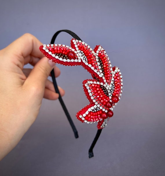 Red Beaded Headband, Crystal Rhinestone Headband, Handmade  display picture 3