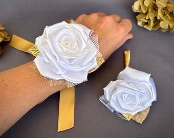 White Gold flower wrist Corsage Boutonniere Set for Bridesmaid Groom, Prom, Homecoming, Wedding Accessory