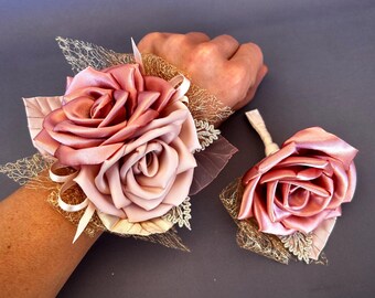 Rose Gold Blush Pink Flower Wrist Corsage Boutonniere Set for Wedding, Prom, Homecoming, bridesmaid