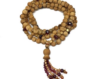 Kamal Mala 108 Tulasi Tulsi Garnet and brass - Mala Beads, 108 , Yoga Jewellery, yoga jewellery, meditation beads