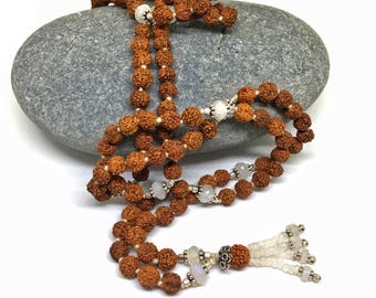 RudraChandra 108 Rudraksha Mala with Moonstone and Sterling silver