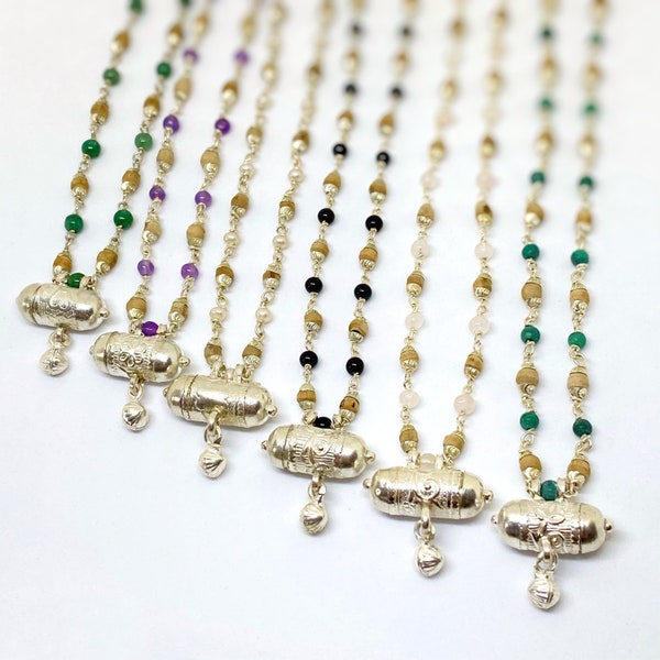 Kalindi Tulasi Mala beads Chain in Sterling Silver  Stones with choice of Kavatcha and Gemstone