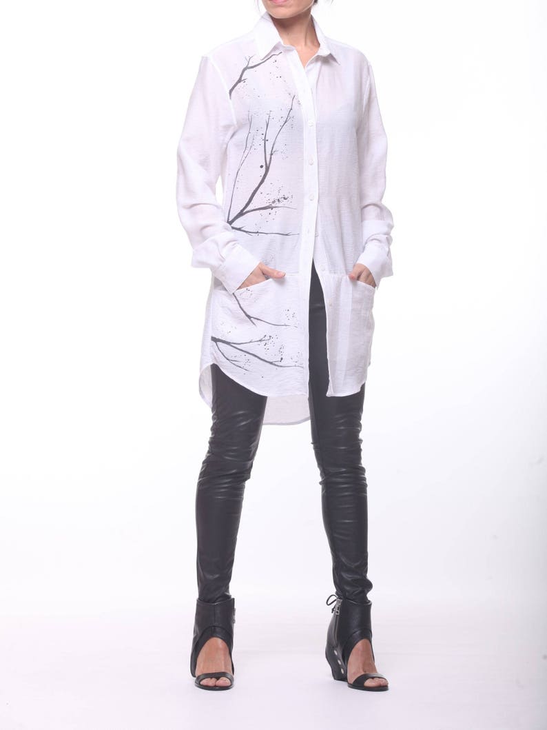 White Loose Shirt Paradox Asymmetric shirt Long Sleeves Party Tunic Spring Top Hand Painted Shirt Plus Size Tunic PB0111