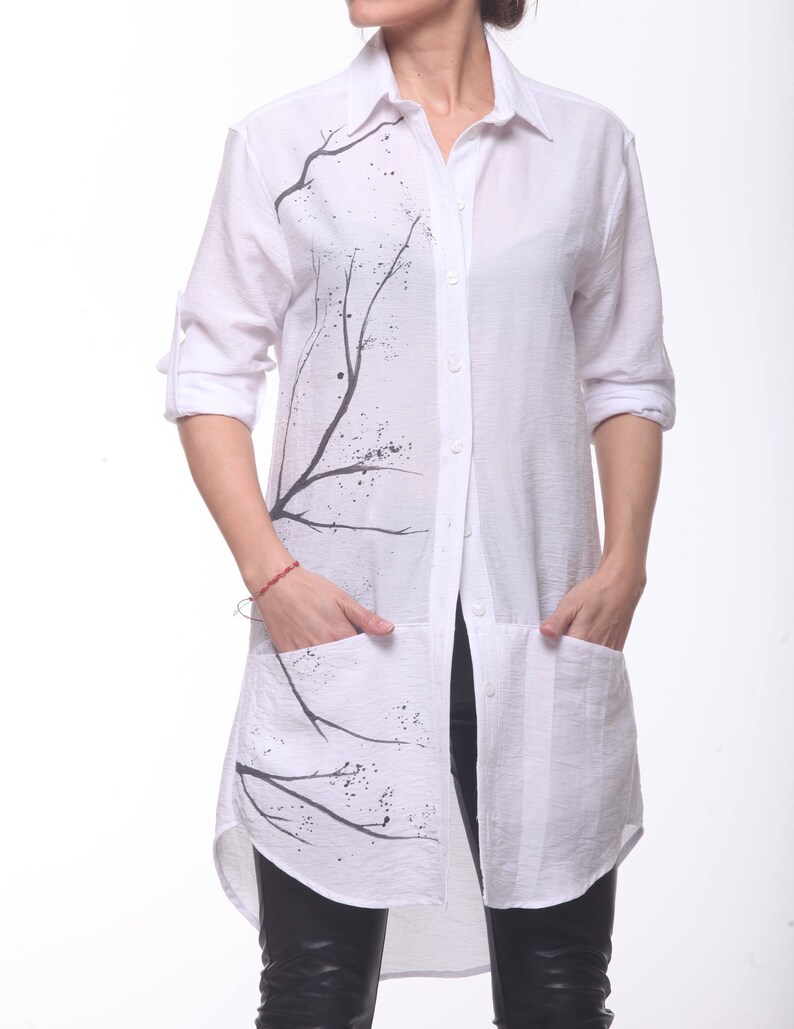 White Loose Shirt Paradox Asymmetric shirt Long Sleeves Party Tunic Spring Top Hand Painted Shirt Plus Size Tunic PB0111