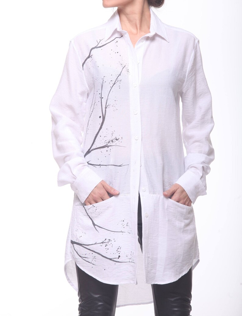 White Loose Shirt Paradox Asymmetric shirt Long Sleeves Party Tunic Spring Top Hand Painted Shirt Plus Size Tunic PB0111