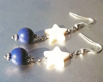 White pearl stars with a pearl of lapis lazuli