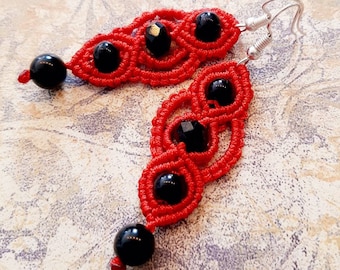 red macrame earrings with onyx pearls and sterling silver earwires