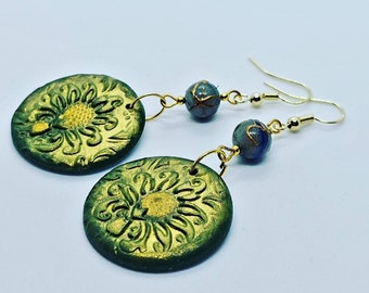 Long polymer earrings moss green and gold