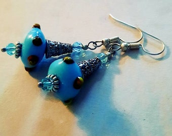 Lampwork earrings turquoise dots with Tibetan silver