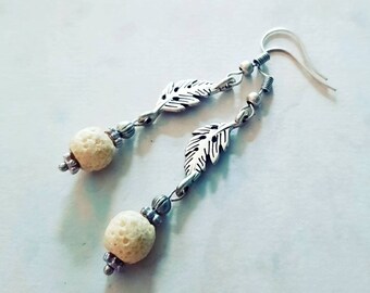 Long silver earrings with lava pearls perfume earrings