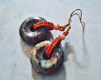 Unique earrings with natural stone donut