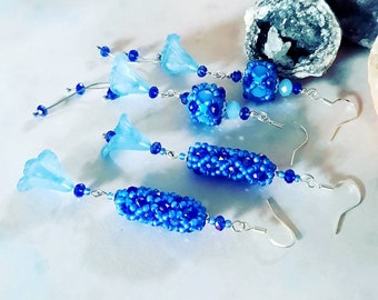 sterling silver chandelier earrings with blue crystals and flowers