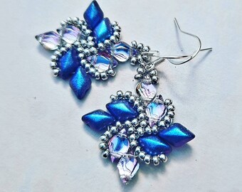 Unique silver earrings with Czech crystal and seed beads