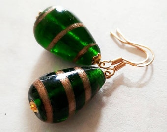 lampwork earrings bright green and gold