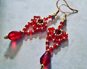 Chandelier earrings bright red and gold