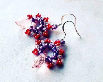 Unique earrings in lilac red and pink