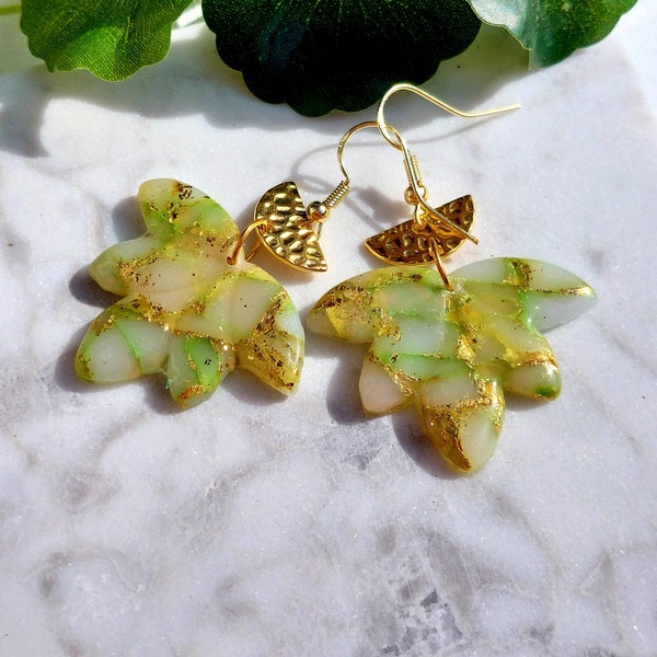 Polymer statement earrings lotus green transulent yellow and gold