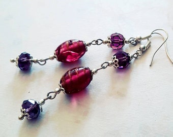 Long silver earrings with lampwork and crystal