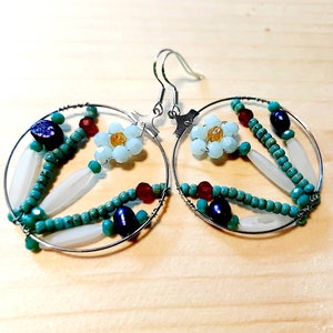 Unique wrapped earrings the flower garden with sweet water pearls and vintage glass