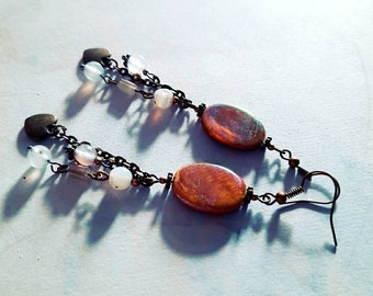 Long bronze earrings with agate pearls and shell medallion