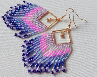 Bohemian earrings fringe gold and gradient pink and purple colors.