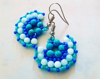 fan earrings turquoise and shell pearls unique handmade earrings