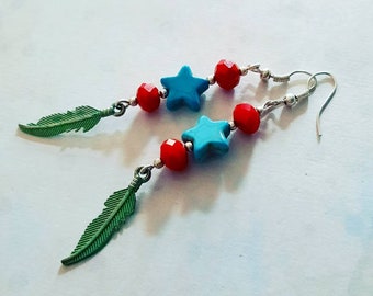 Long bohemian earrings with turquoise ceramic