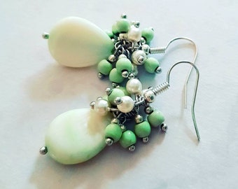 Cluster earrings shell drop and howlite mint green and white