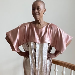 Pale Pink Gold Sequin  Kaftan: Salmon Pink Satin yoke with  Kimono Sleeve Dress