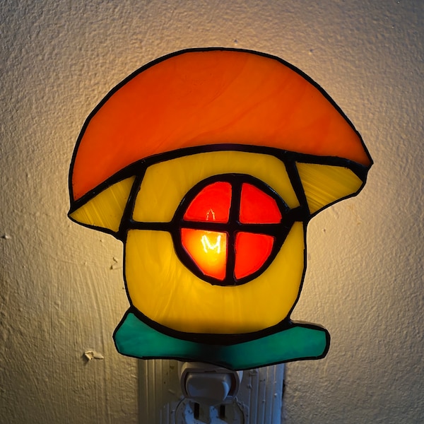 Mushroom Hut Stained Glass Nightlight- Handcrafted- 3" x 4 1/2" tall. Swivel base and 4 watt bulb included- FREE SHIPPING