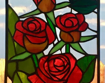 Rose Bouquet Stained glass Panel - Any Color- Approx 9" x 13" -1/8" frame and hangers included -FREE SHIPPING